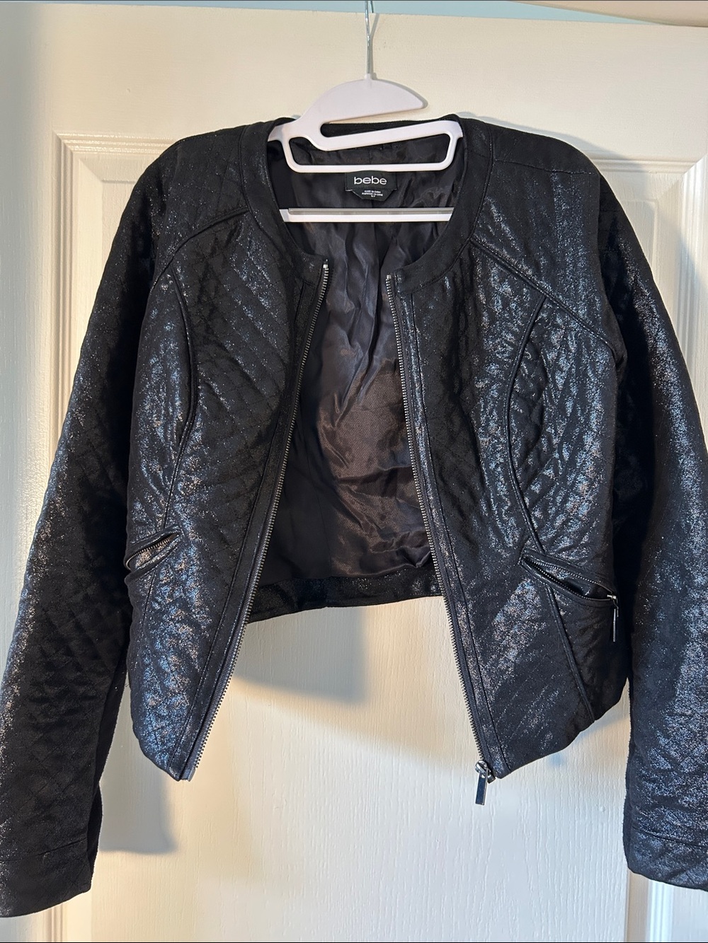 bebe Women's Black Quilted Zip-Front Leather Jacket